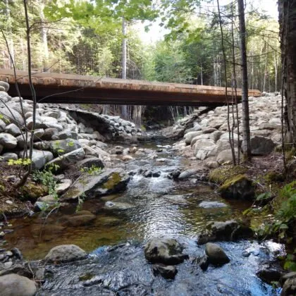 Sept. 15, 2015. Maine Woods, Maine – A bridge replacing an outdate culvert to assist in ecological restoration. Photo by AMC Staff.